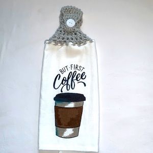 Hand Crafted Crocheted Top Hanging Kitchen Dish or Bathroom Hand Towel Coffee